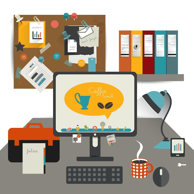 Vector mesa de oficina de trabajo.