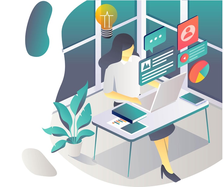 Vector mujer que trabaja con laptop y redes sociales