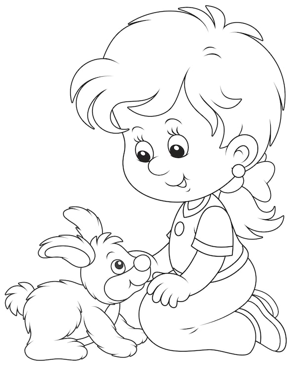 Vector niña feliz jugando con su pequeño conejito