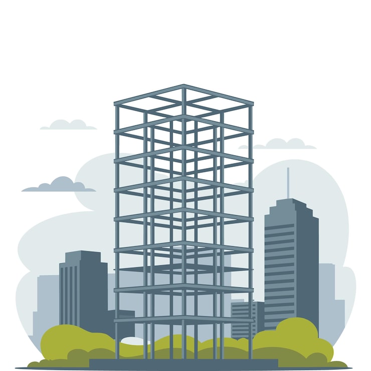 Vector obra de construcción de rascacielos moderno con estructura de acero y edificios circundantes