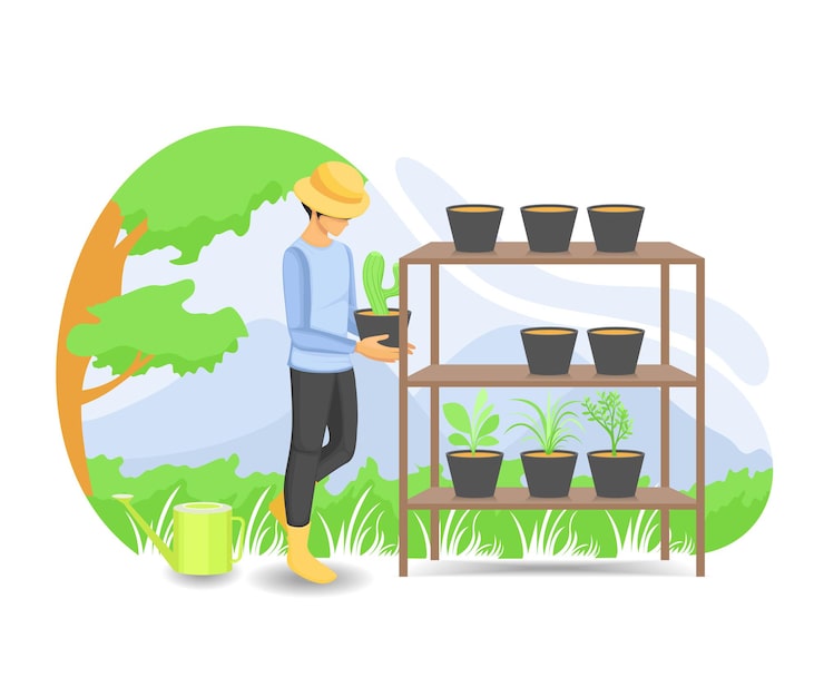 Vector plantar y regar plantas en maceta