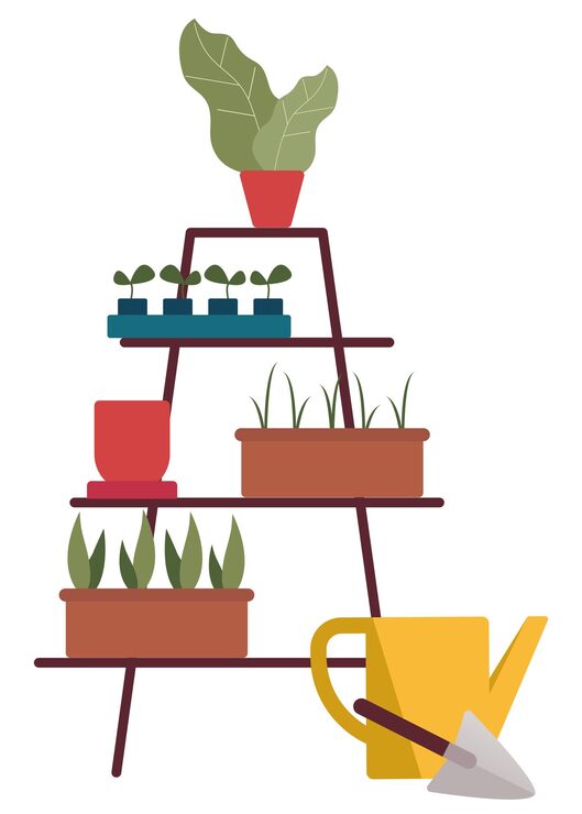 Vector plantas en estantes de pie plántulas en macetas concepto de jardinería urbana