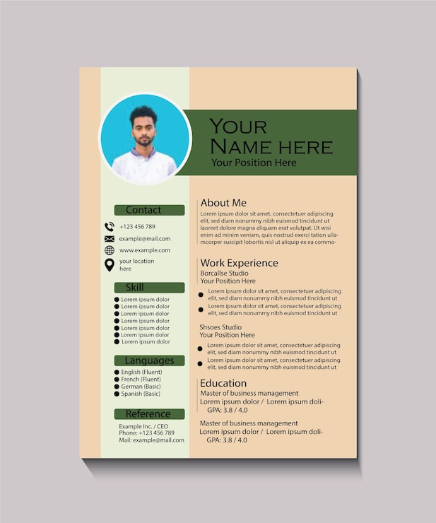 Vector plantilla de currículum profesional con diseño limpio y tema verde