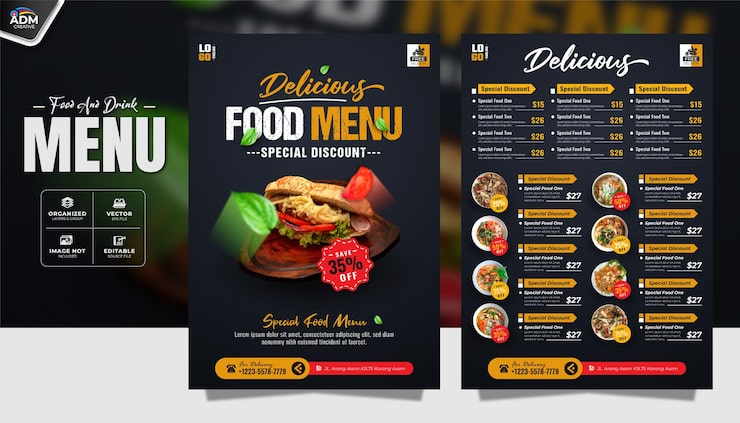 Vector plantilla de diseño de menú de comida y bebida deliciosa