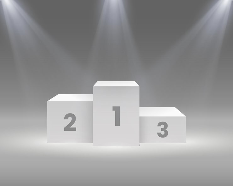 Vector podio de ganadores. pedestal blanco con focos, escenario vacío para los ganadores de la ceremonia de premiación, victoria deportiva, ilustración vectorial realista. conseguir el trofeo por el primer, segundo y tercer lugar