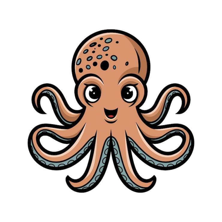 Vector un pulpo estilo dibujos animados con un cuerpo marrón claro y grandes ojos expresivos