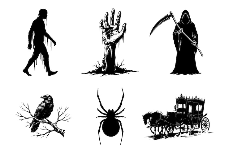 Vector siluetas negras de halloween espeluznante con zombi, la parca, cuervo, araña y carruaje tirado por caballos