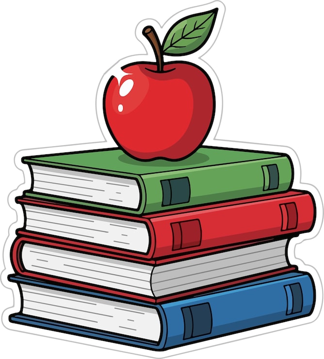 Vector símbolo de educación: pila de libros con manzana roja.