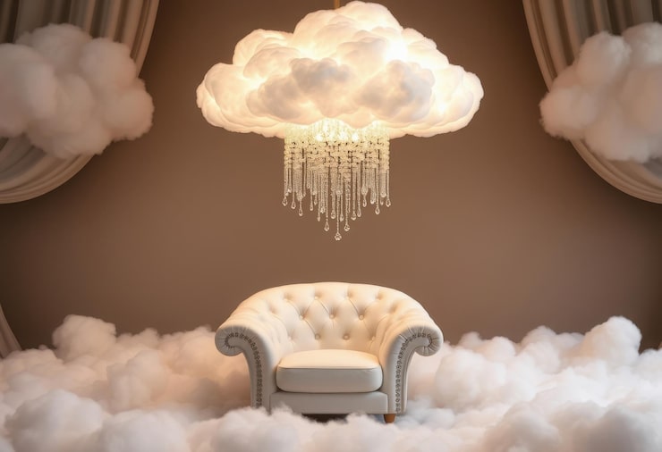 Vector un sofá blanco con una silla blanca y un candelabro colgando del techo