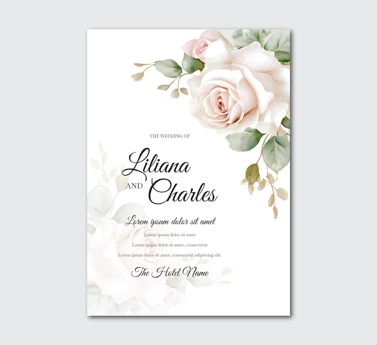 Vector tarjeta de invitación de boda en acuarela con rosa blanca