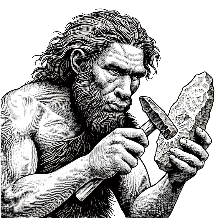 Vector una tribu de hombres de las cavernas neandertales que hacen una roca