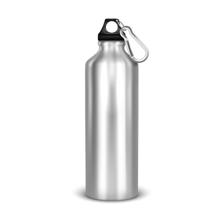 Vector vector realista 3d vacía botella de agua de metal brillante con tapón negro closeup aislado sobre fondo blanco. plantilla de diseño de maqueta de empaque para gráficos. vista frontal.