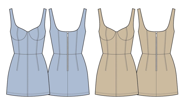 Vector vestido de denim y cuero con boceto de moda más grande