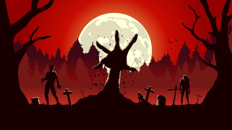 Vector el zombi se arma del suelo de la tumba en una noche de luna llena y cielo rojo.
