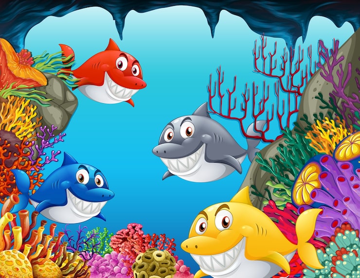 Vector Gratis banyak karakter kartun hiu dalam ilustrasi bawah laut