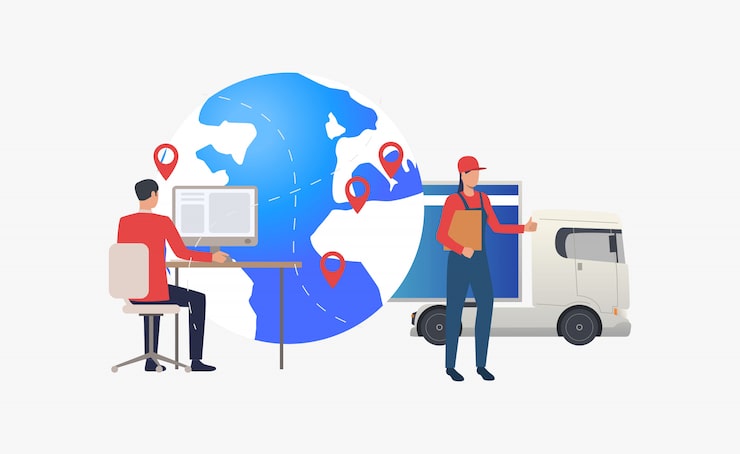 Vector Gratis bola dunia dengan penunjuk, truk, dan ahli logistik
