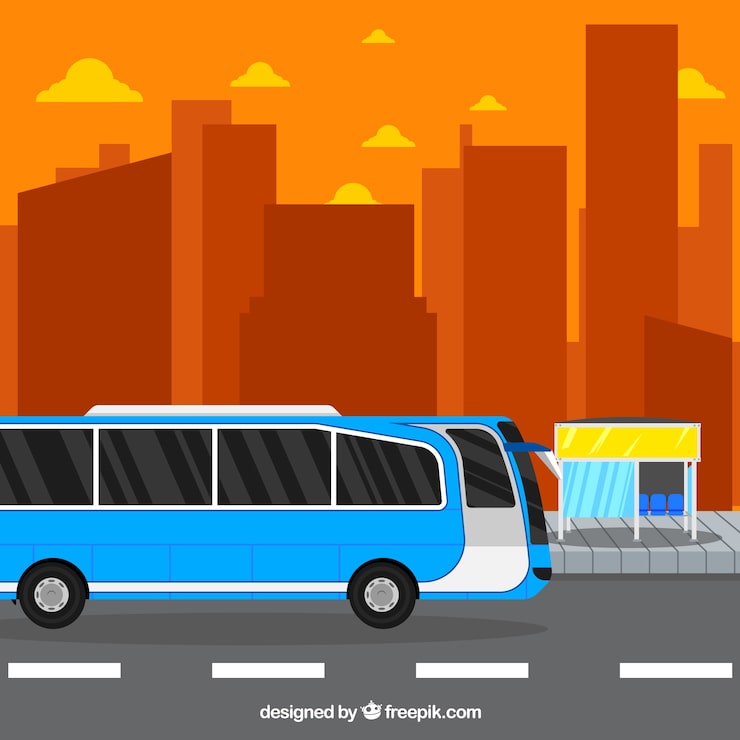 Vector Gratis bus kota dan halte bus dengan desain datar