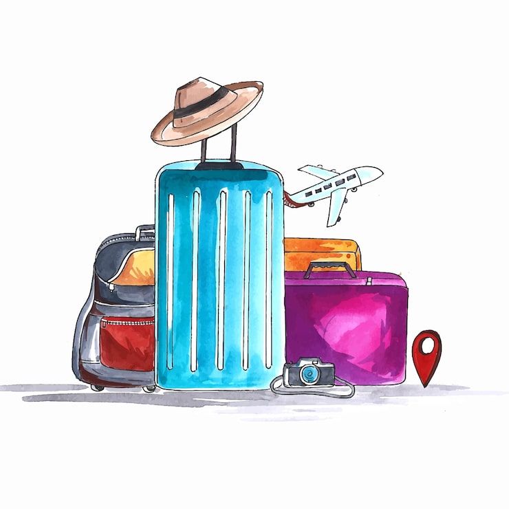 Vector Gratis desain perjalanan bagasi cat air dengan kamera dan topi