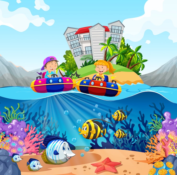 Vector Gratis dua anak-anak naik perahu karet di laut