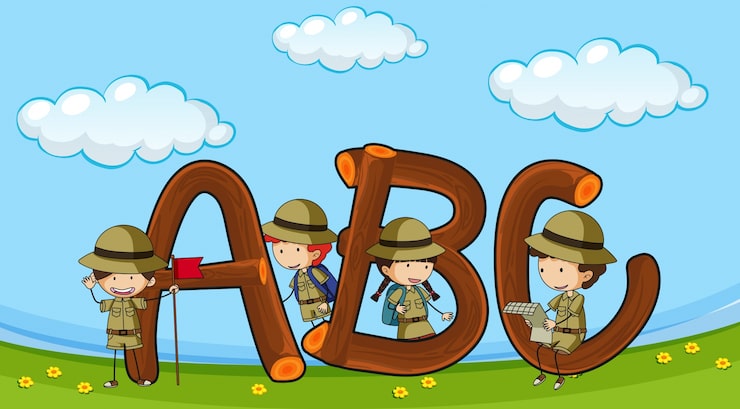Vector Gratis font abc dengan anak-anak berseragam pramuka