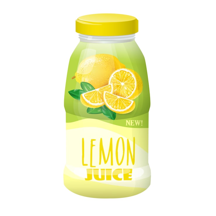 Vector Gratis ilustrasi botol plastik dan kaca dengan tutup dan gambar lemon.