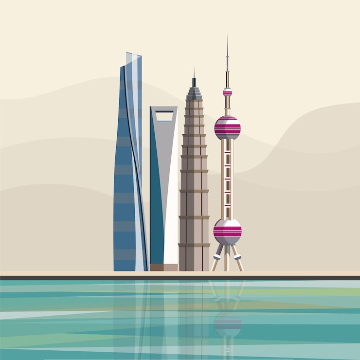 Vector Gratis ilustrasi gedung pencakar langit landmark shanghai