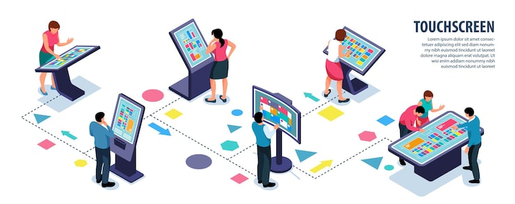 Vector Gratis ilustrasi isometrik pengguna interaktif dengan layar sentuh dan infografis