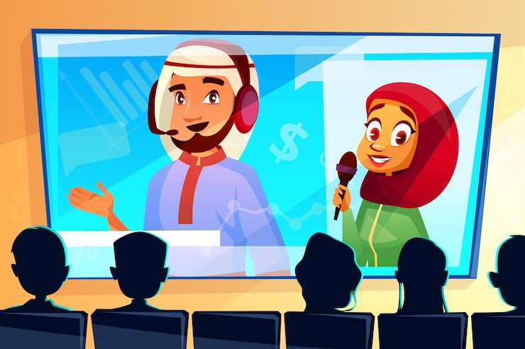 Vector Gratis ilustrasi konferensi online muslim pria dan wanita berhijab di layar