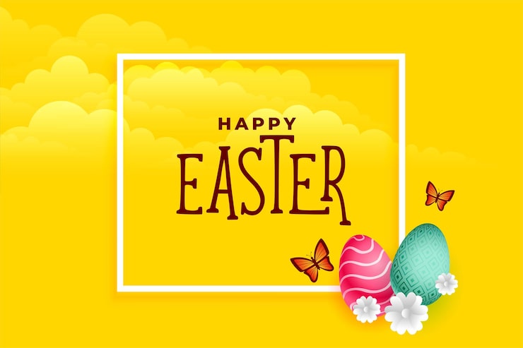 Vector Gratis kartu paskah kuning dengan telur kupu-kupu dan bunga