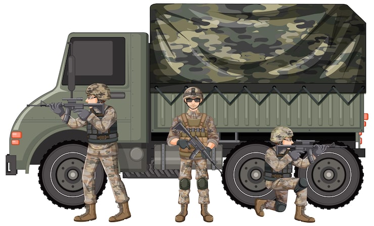 Vector Gratis kendaraan militer dan tentara di latar belakang putih