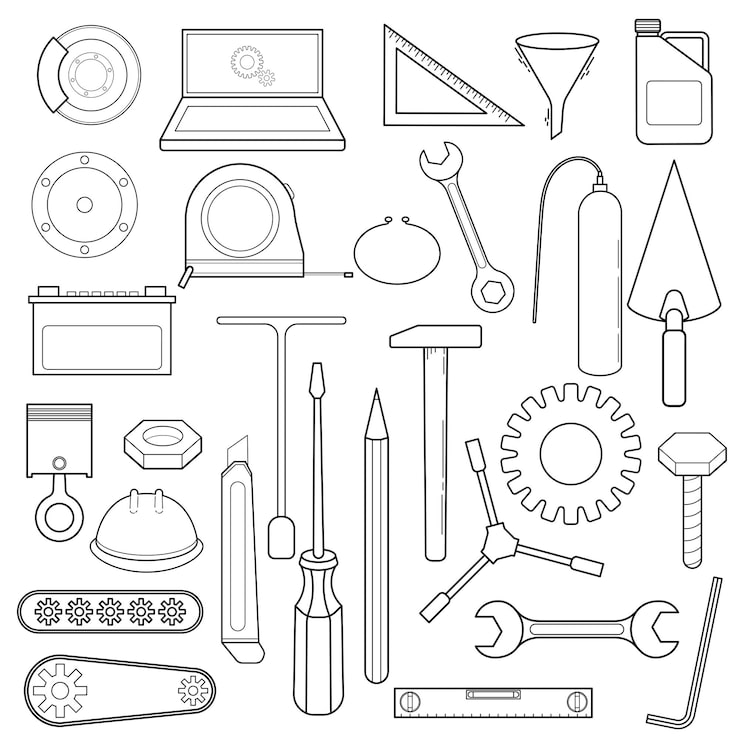 Vector Gratis koleksi seni garis monokromatik, peralatan otomotif, mekanik, dan diy
