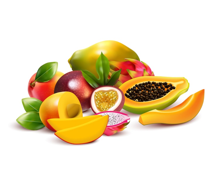 Vector Gratis komposisi buah-buahan tropis dengan buah naga mangga pitaya yang dipotong-potong dan matang dengan daun dalam satu bundel