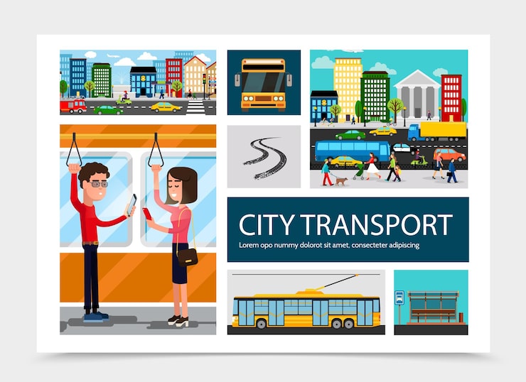 Vector Gratis komposisi transportasi kota datar dengan bangunan berwarna-warni, mobil yang bergerak di jalan, halte bus, jalur kendaraan, penumpang yang bepergian dengan transportasi umum terisolasi