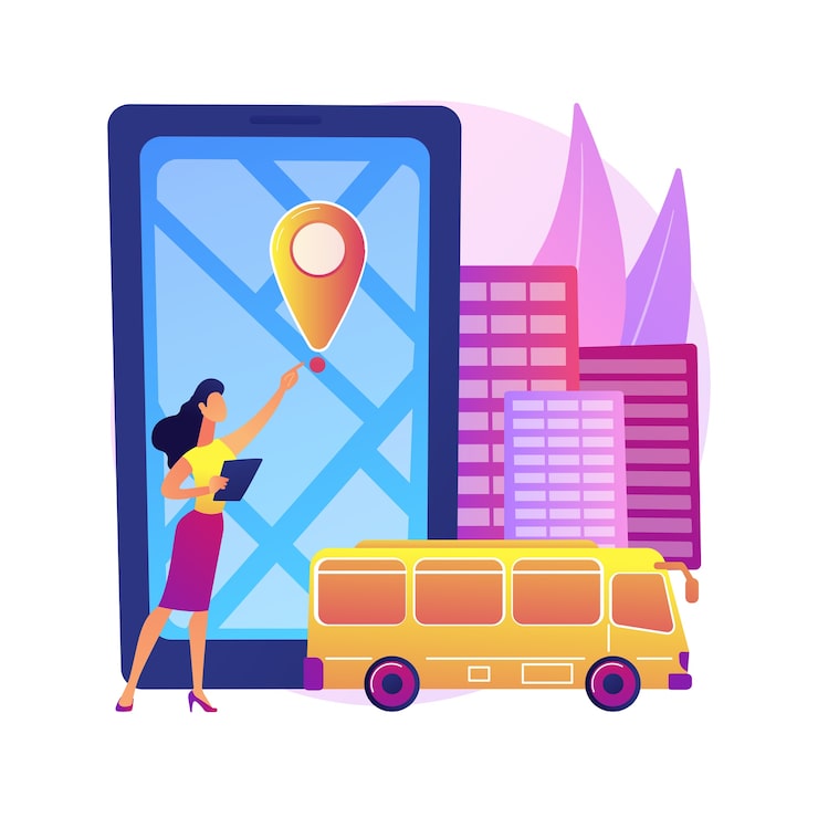 Vector Gratis konsep abstrak ilustrasi sistem pelacakan bus sekolah. aplikasi pelacakan bus, sistem transportasi cerdas sekolah, pelacak lokasi gps, perangkat lunak navigasi seluler.