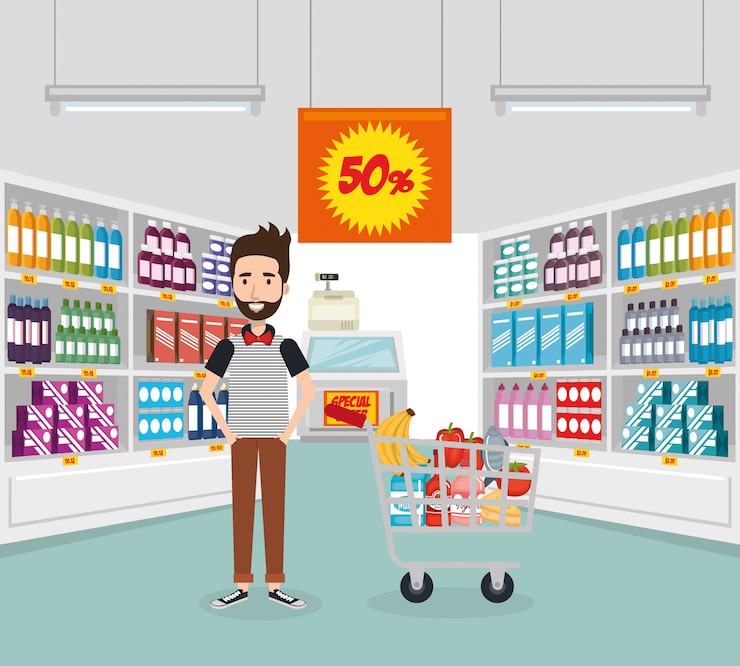 Vector Gratis konsumen dengan troli belanjaan bahan makanan