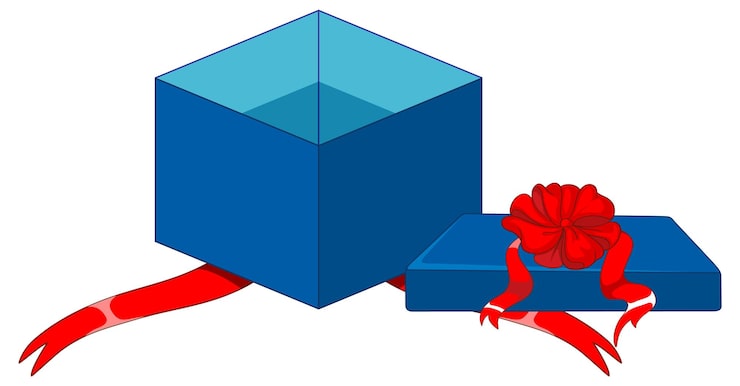 Vector Gratis kotak hadiah biru terbuka dengan pita merah dan tutup