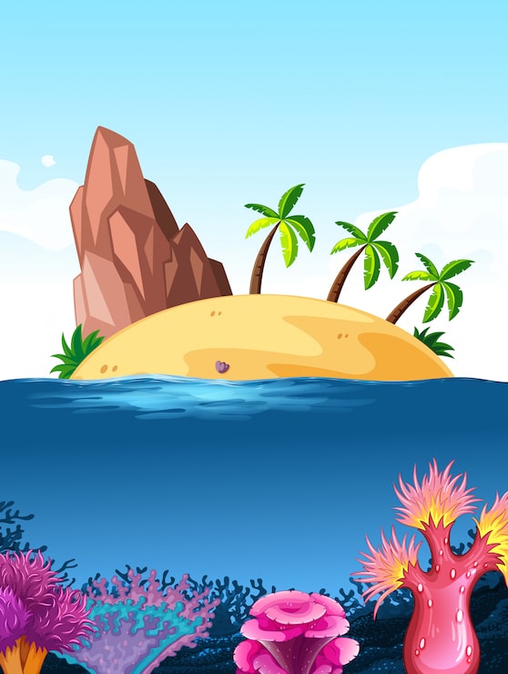 Vector Gratis latar belakang pemandangan alam dengan pulau di laut