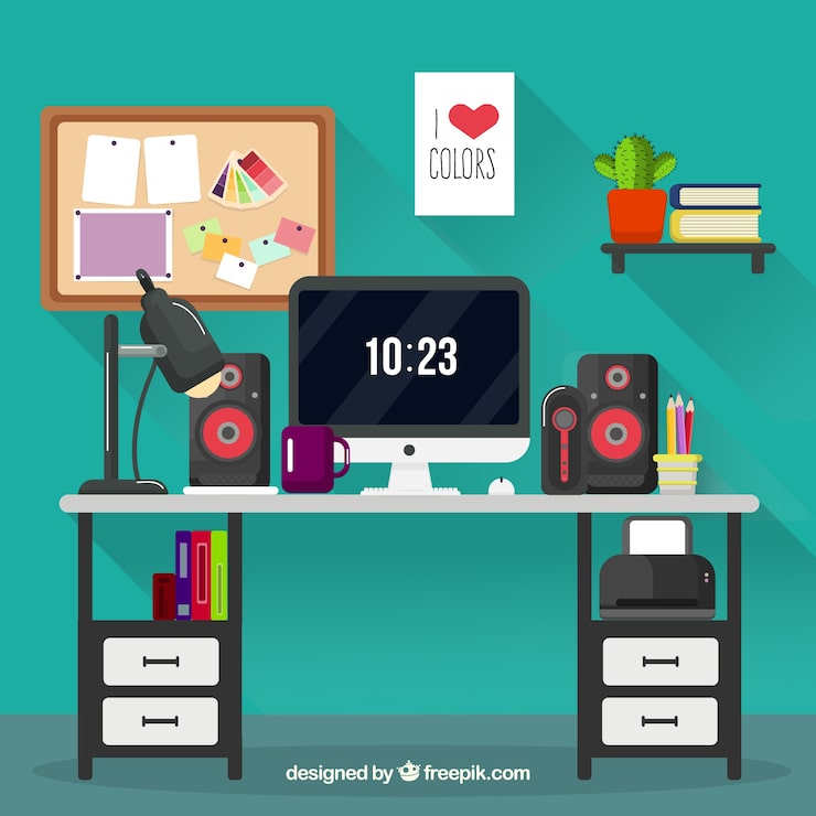 Vector Gratis latar belakang ruang kerja desain grafis dengan meja dan alat