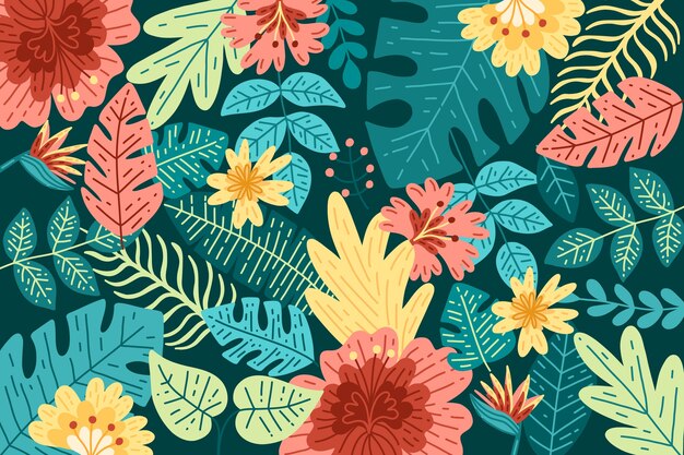 Latar belakang tropis warna-warni digambar tangan