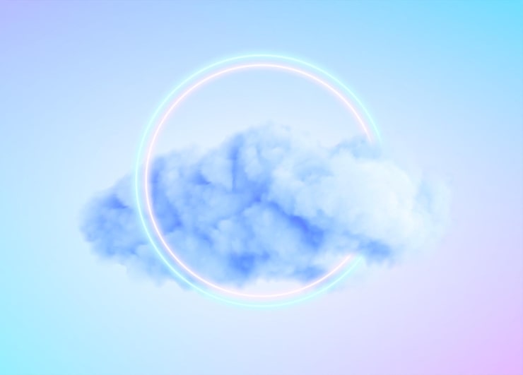 Vector Gratis lingkaran neon bercahaya dengan awan biru