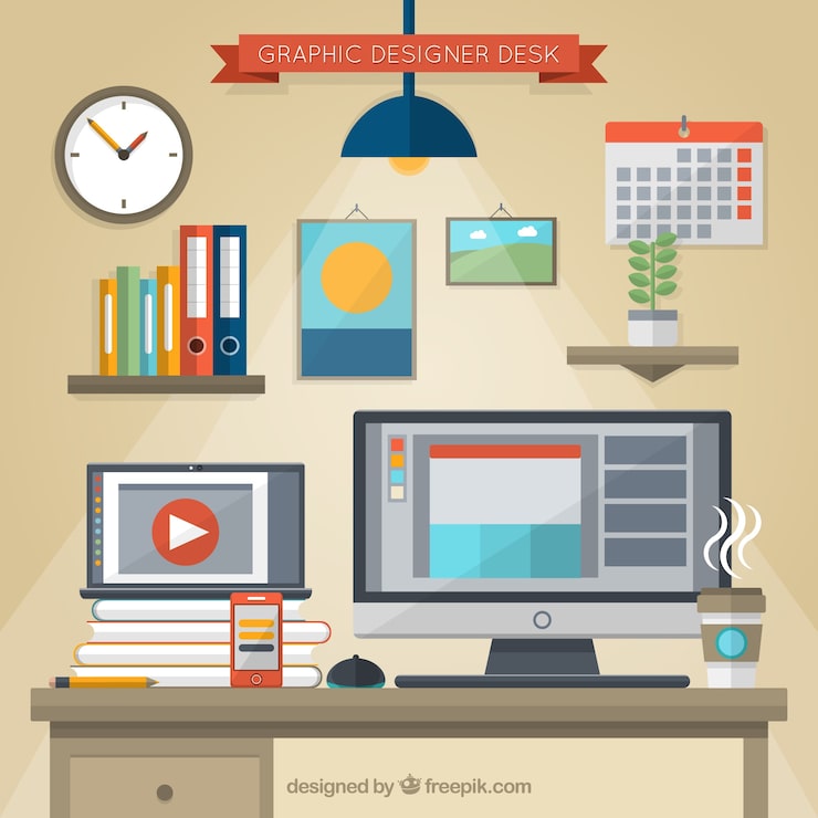 Vector Gratis meja desainer grafis dalam desain datar