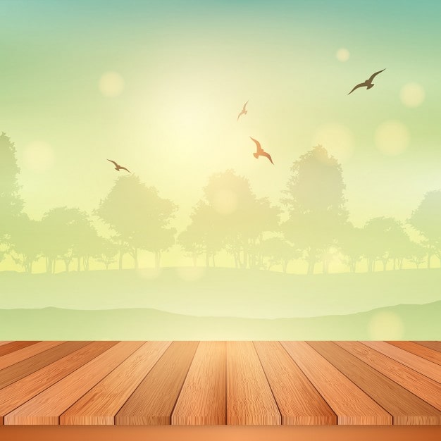 Vector Gratis meja kayu menghadap ke pemandangan lanskap yang cerah