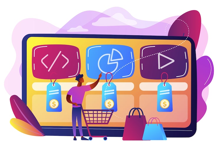 Vector Gratis pelanggan dengan keranjang belanja membeli layanan digital secara online. pasar layanan digital, solusi digital siap pakai, konsep kerangka kerja pasar online.