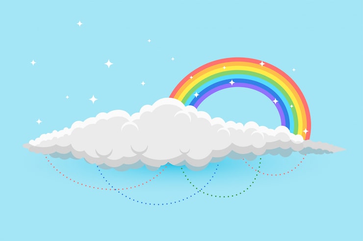 Vector Gratis pelangi dan awan di latar belakang langit dengan bintang-bintang