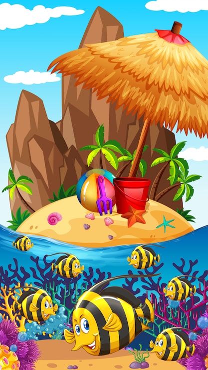 Vector Gratis pemandangan alam dengan ikan dan pulau