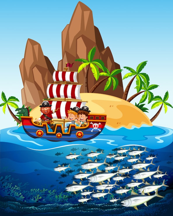Vector Gratis pemandangan dengan kapal bajak laut dan ikan di laut