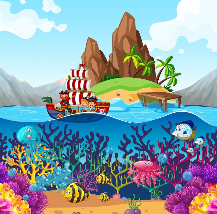 Vector Gratis pemandangan dengan kapal bajak laut di laut