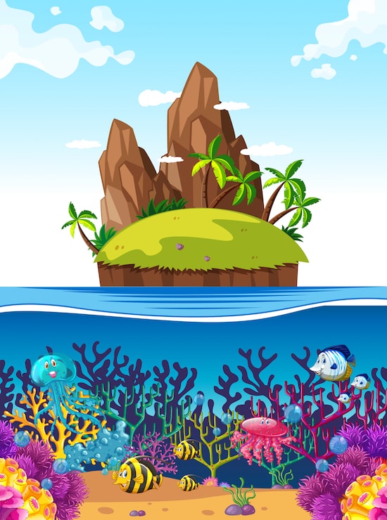 Vector Gratis pemandangan dengan pulau dan ikan di bawah laut