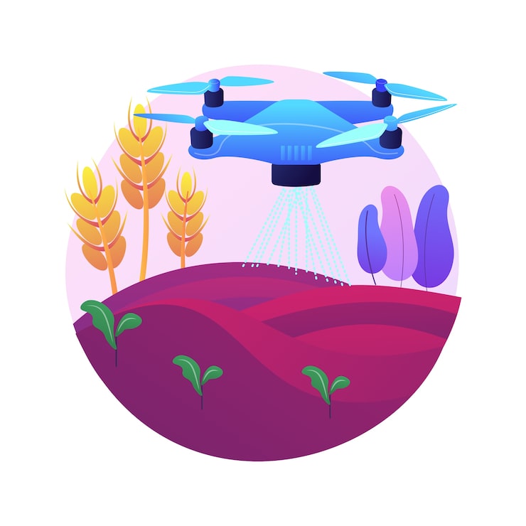 Vector Gratis penggunaan drone pertanian konsep abstrak ilustrasi. pertanian presisi pertanian, responden pertama, analisis, penyemprotan tanaman, pengawasan drone, pemantauan irigasi.