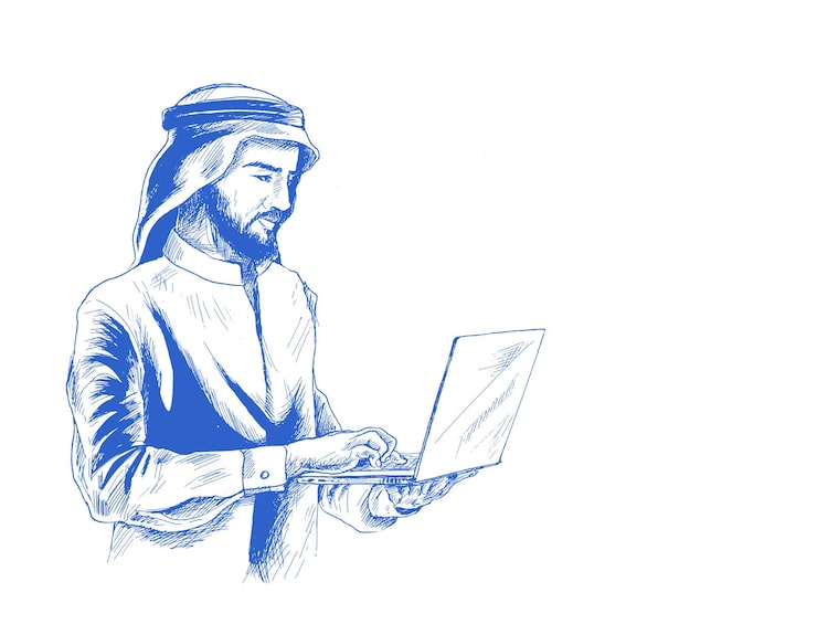Vector Gratis pengusaha arab dalam konsep bisnis bekerja di notebook, latar belakang vektor sketsa yang digambar tangan.